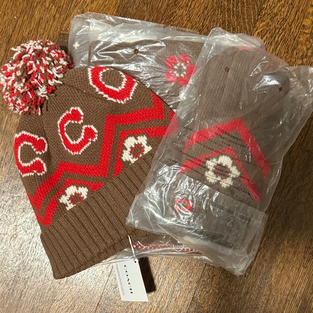 Coach Brown and Red Knit Set-Hat, Scarf, Gloves